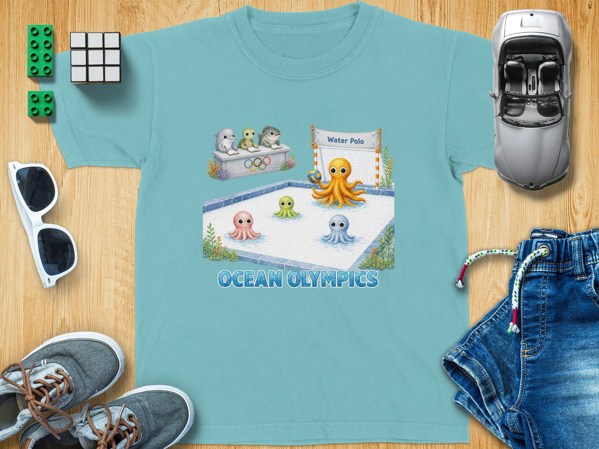 T-shirt with cartoon sea creatures playing water polo and text "Ocean Olympics".