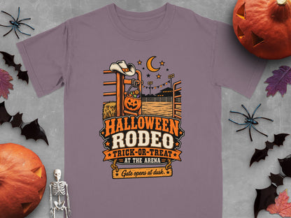 Halloween Rodeo Trick-or-Treat graphic with cowboy hat and candy pumpkin.