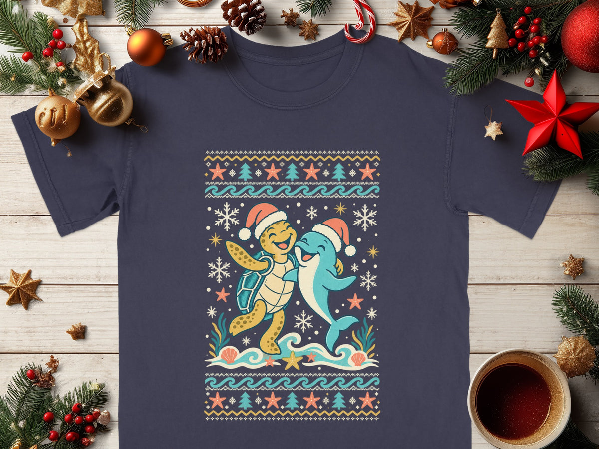 Ugly Christmas sweater design with a happy turtle and dolphin wearing Santa hats.