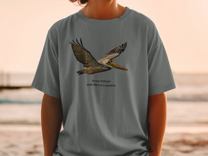 T-shirt with brown pelican flying, "Brown Pelican State Bird of Louisiana" text.