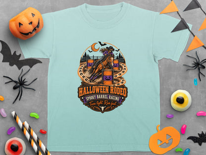 Halloween Rodeo design with horse and rider, orange barrels, and text.