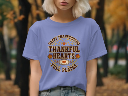 Purple t-shirt with "Happy Thanksgiving Thankful Hearts Full Plates" text.