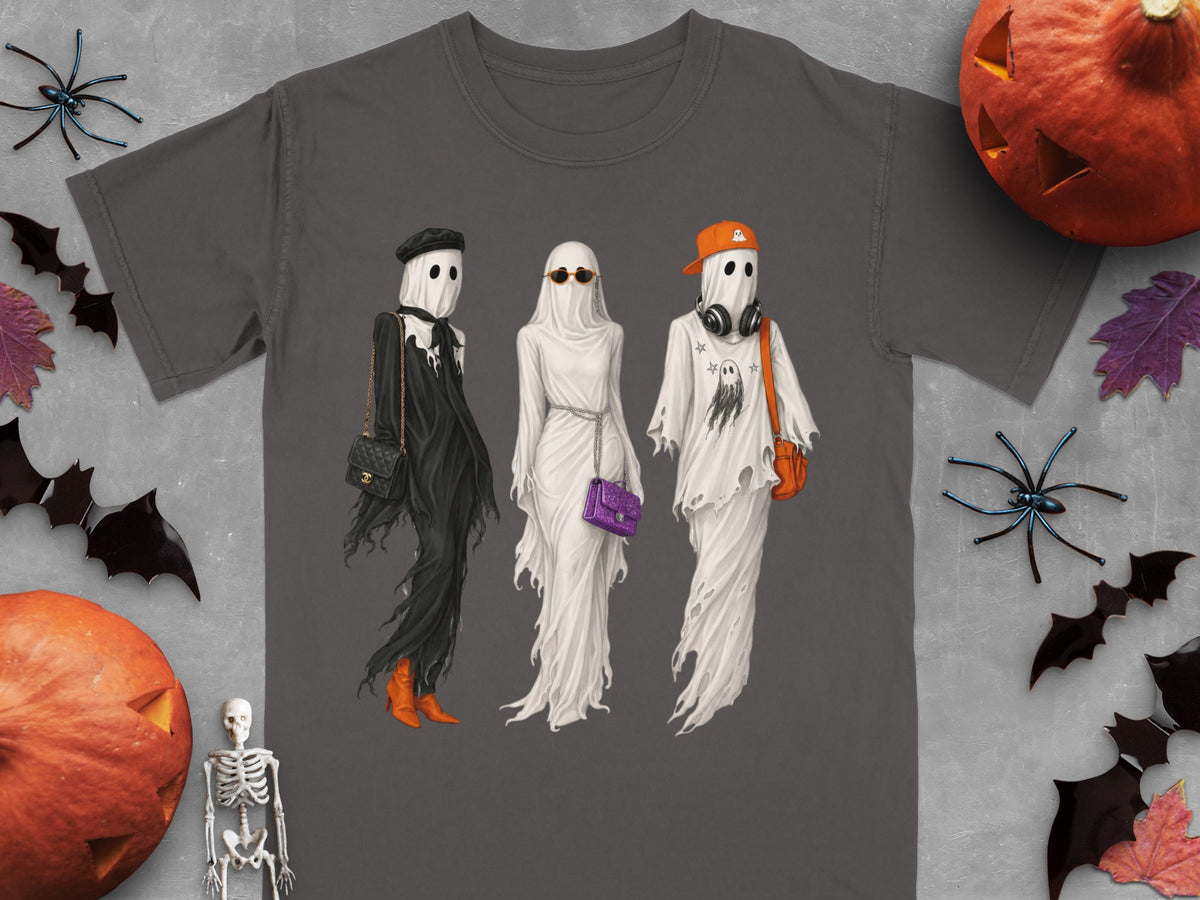 Three stylish ghosts with accessories on a gray t-shirt.