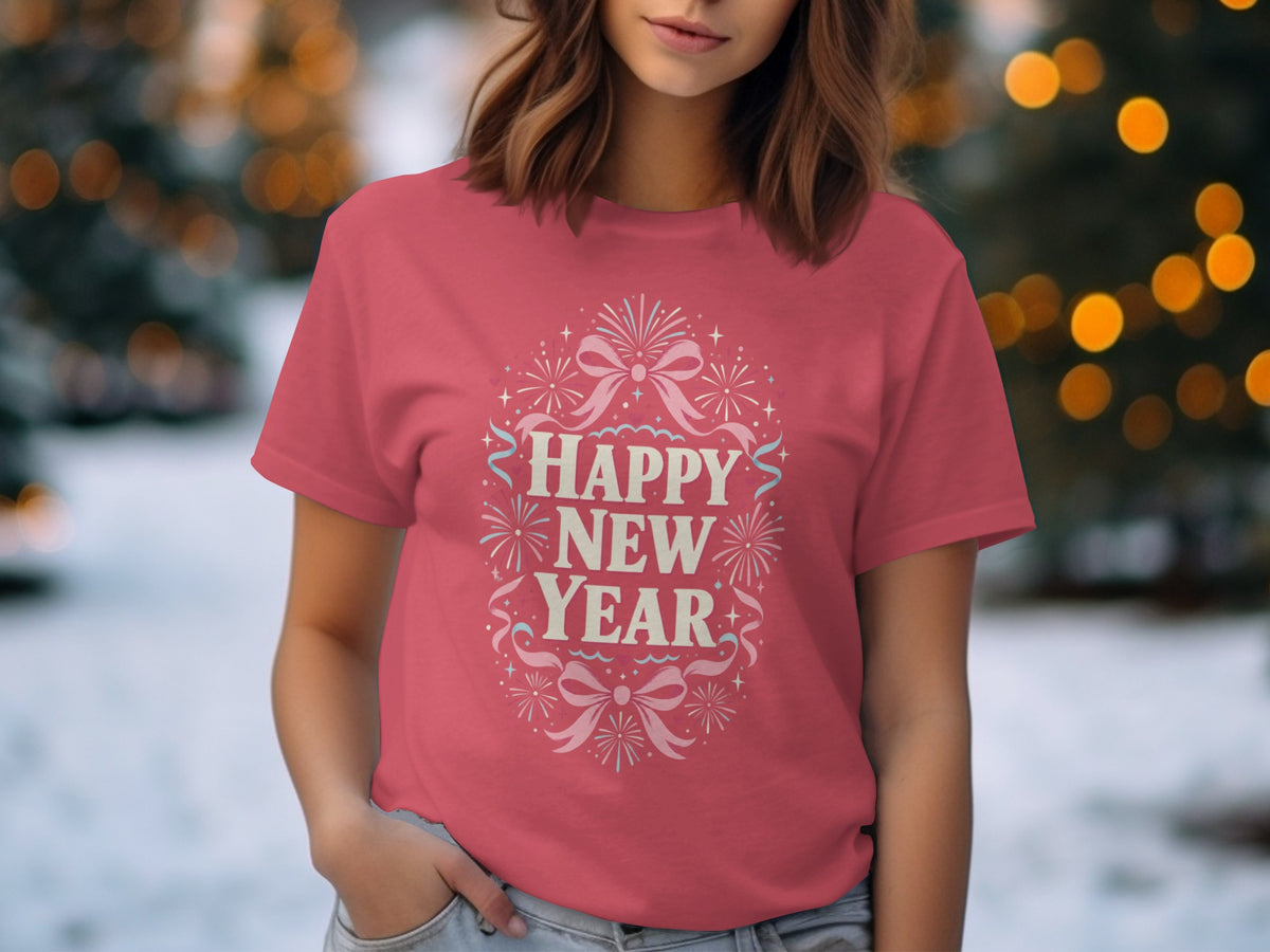 Pink t-shirt with "Happy New Year" text and fireworks graphic.