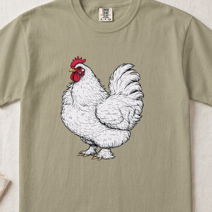 Olive green crewneck t-shirt featuring a detailed illustration of a white rooster centered on the chest.