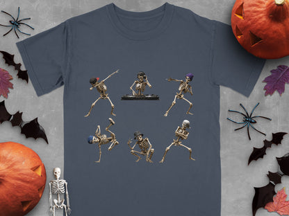 Dab-dancing skeletons and DJ skeleton on a dark blue t-shirt.