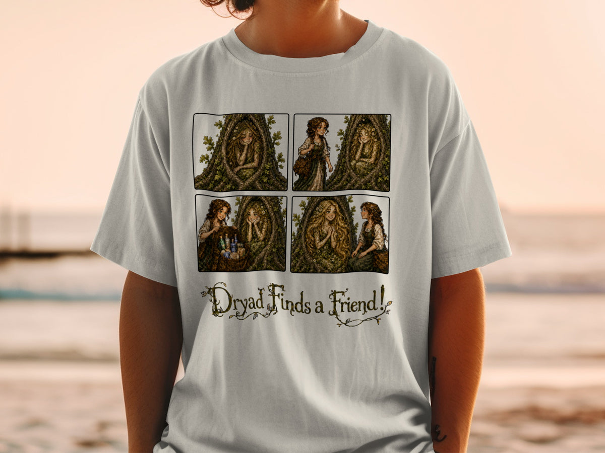 Comic strip of a dryad in a tree and a girl making friends, with text "Dryad Finds a Friend!".