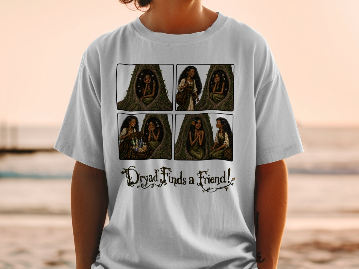 Comic strip on a shirt shows a dryad finding a friend in a tree.