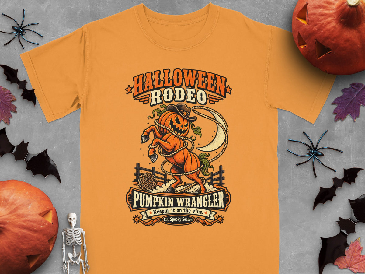 Orange t-shirt with "Halloween Rodeo Pumpkin Wrangler" graphic.