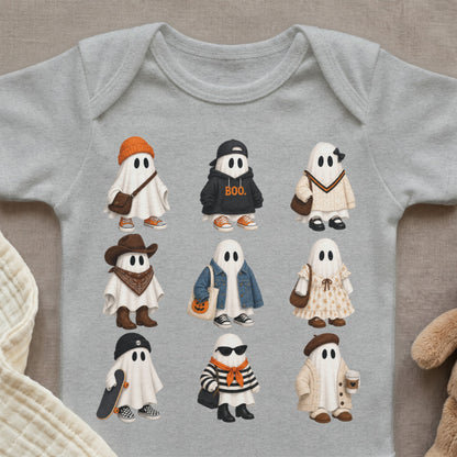 Nine illustrated ghosts in various Halloween-themed outfits are printed on a gray baby onesie.