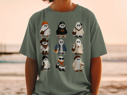 Nine stylized ghosts in various outfits including a cowboy, skater, and barista.