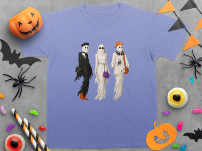 Purple t-shirt with illustration of three fashionable ghosts.