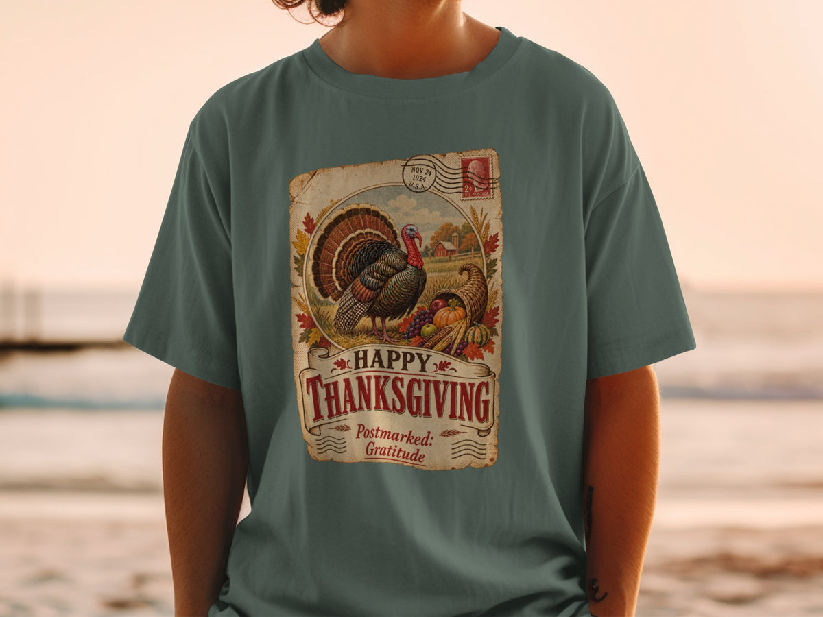 Thanksgiving t-shirt with turkey, cornucopia, and harvest on distressed postcard design.