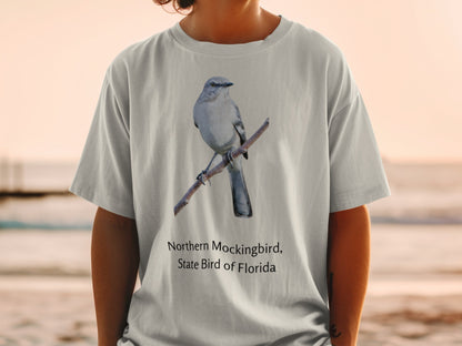 Northern Mockingbird, State Bird of Florida graphic on a light gray t-shirt.