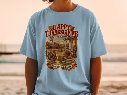 Happy Thanksgiving design with turkey, barn, and porch. "Warm pie. Full hearts."