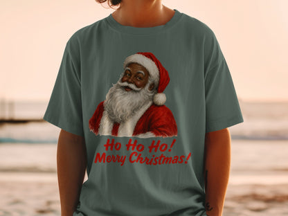 Green t-shirt with Santa Claus graphic and red text "Ho Ho Ho! Merry Christmas!".