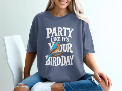 Bluebird graphic with "Party Like It's Your Birthday" text on a dark blue t-shirt.
