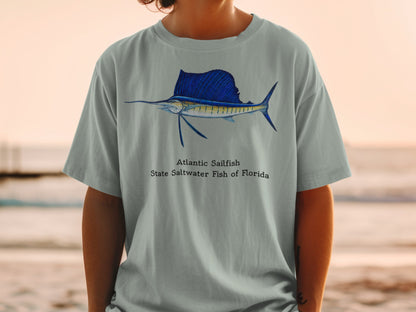 Light grey t-shirt with an Atlantic Sailfish illustration and text.
