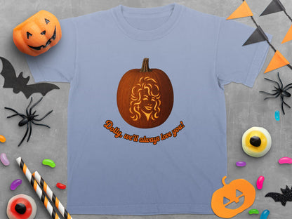 Light blue t-shirt with a carved pumpkin featuring a woman's face and "Dolly, we'll always love you!".