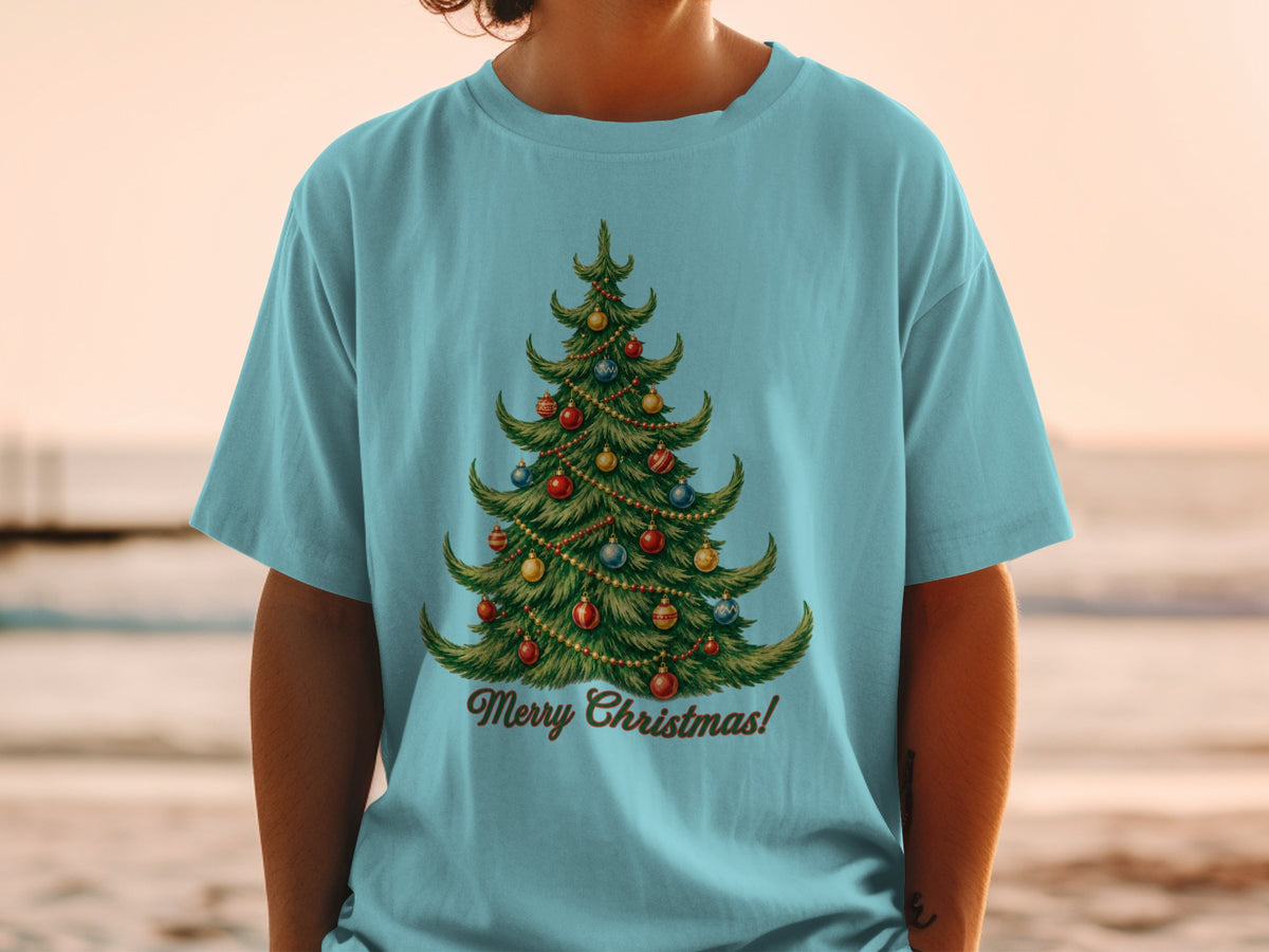 Light blue t-shirt with a vintage Christmas tree graphic and "Merry Christmas!" text.