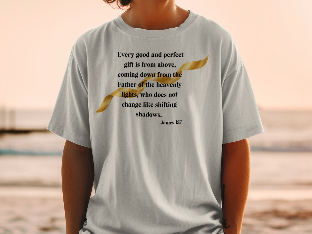 T-shirt with James 1:17 scripture and golden ribbon design.
