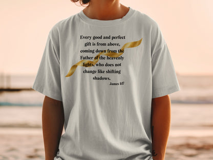 T-shirt with James 1:17 scripture and golden ribbon design.