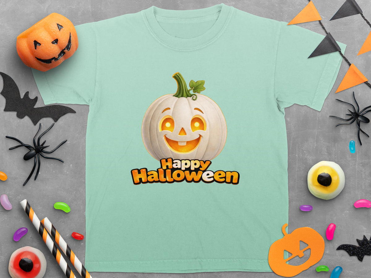 Light mint t-shirt with a smiling white pumpkin and "Happy Halloween" text.