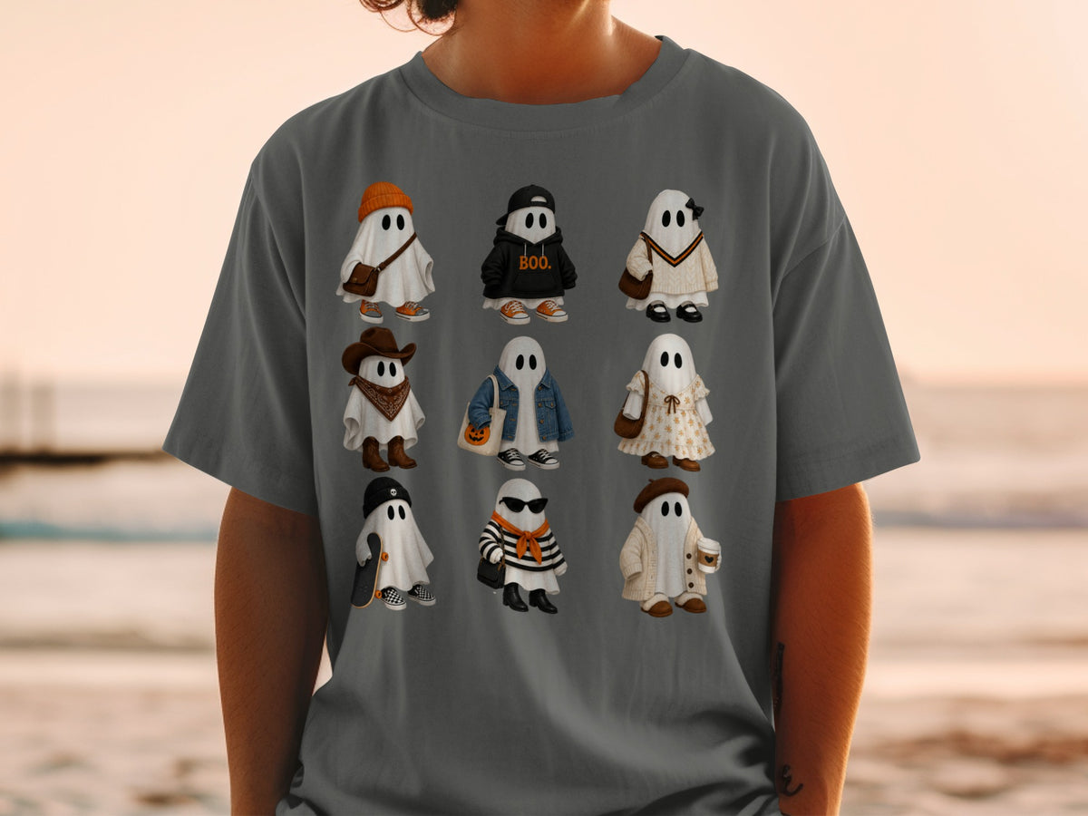 Nine fashionable ghosts in various outfits, including a cowboy and one with "BOO."