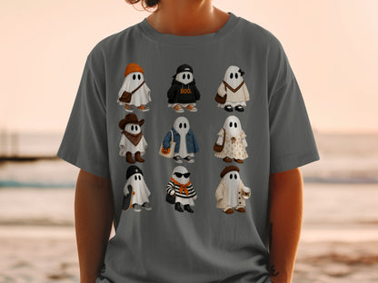 Nine fashionable ghosts in various outfits, including a cowboy and one with "BOO."