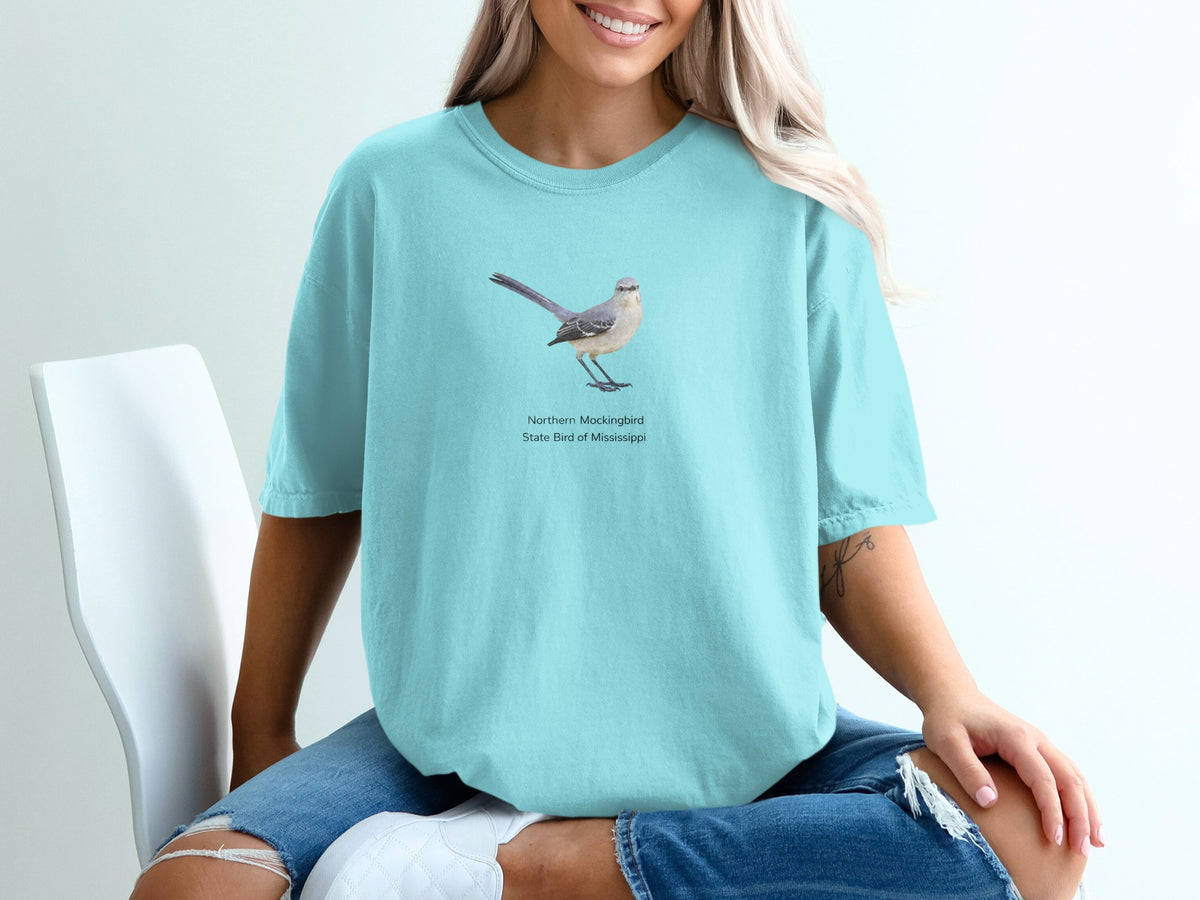 Teal t-shirt with Northern Mockingbird, state bird of Mississippi graphic.