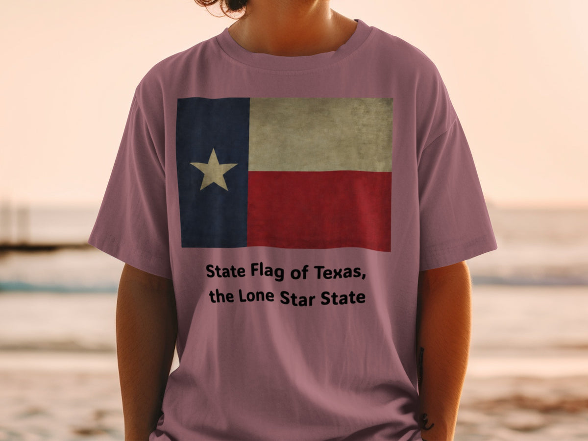 T-shirt with Texas state flag design and text "State Flag of Texas, the Lone Star State."