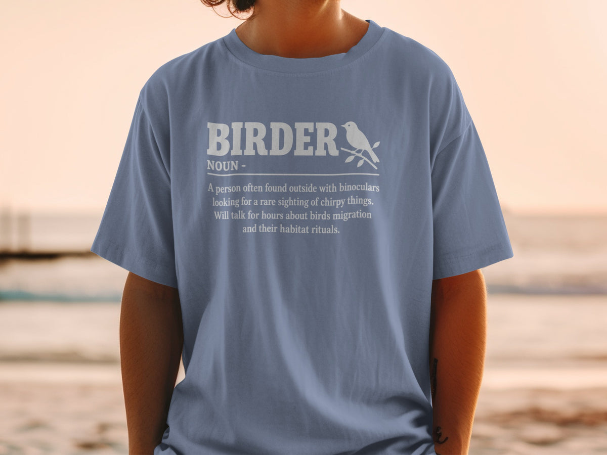 T-shirt with "BIRDER" definition and bird illustration.