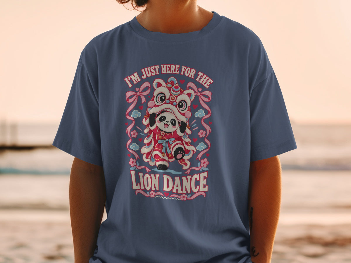 Panda in a lion dance costume with text "I'M JUST HERE FOR THE LION DANCE".
