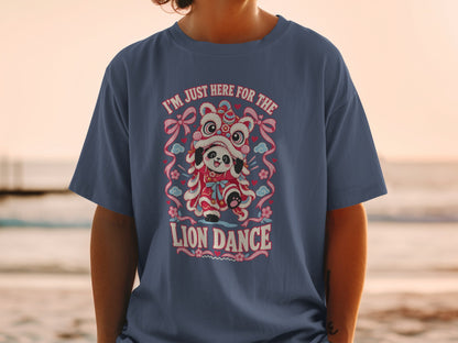 Panda in a lion dance costume with text "I'M JUST HERE FOR THE LION DANCE".