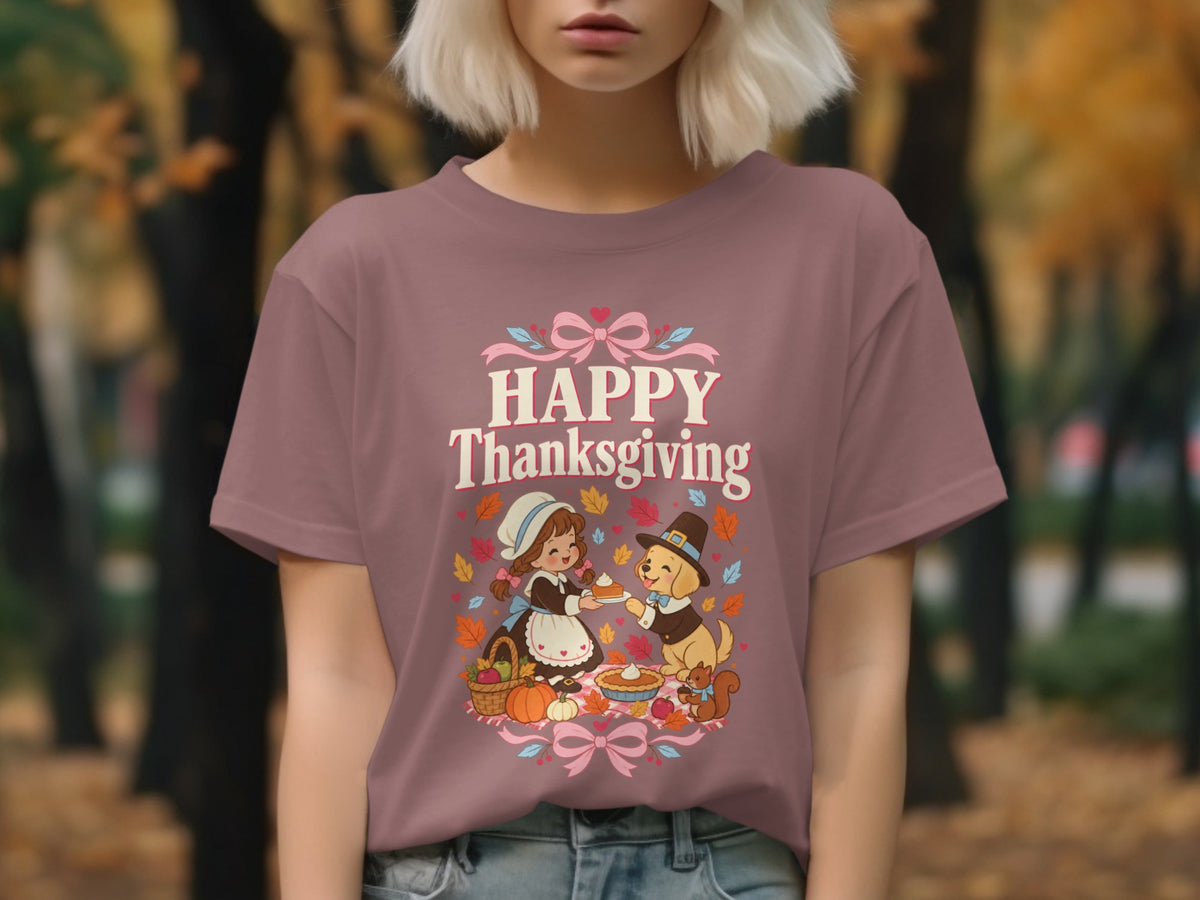 Thanksgiving graphic with a girl and dog sharing pie and autumn leaves.