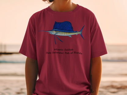 Atlantic Sailfish, State Saltwater Fish of Florida graphic on maroon t-shirt.