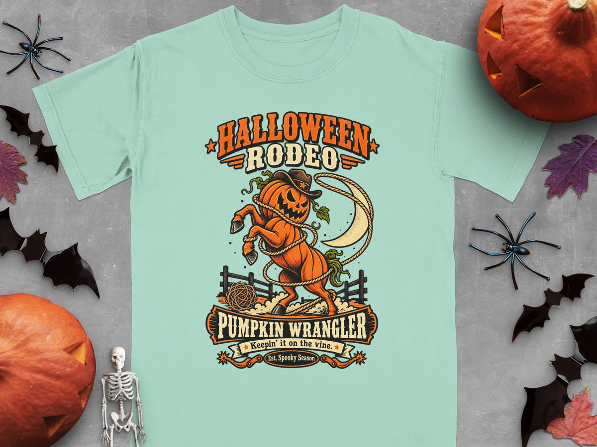 "Halloween Rodeo Pumpkin Wrangler" graphic on a light teal t-shirt.