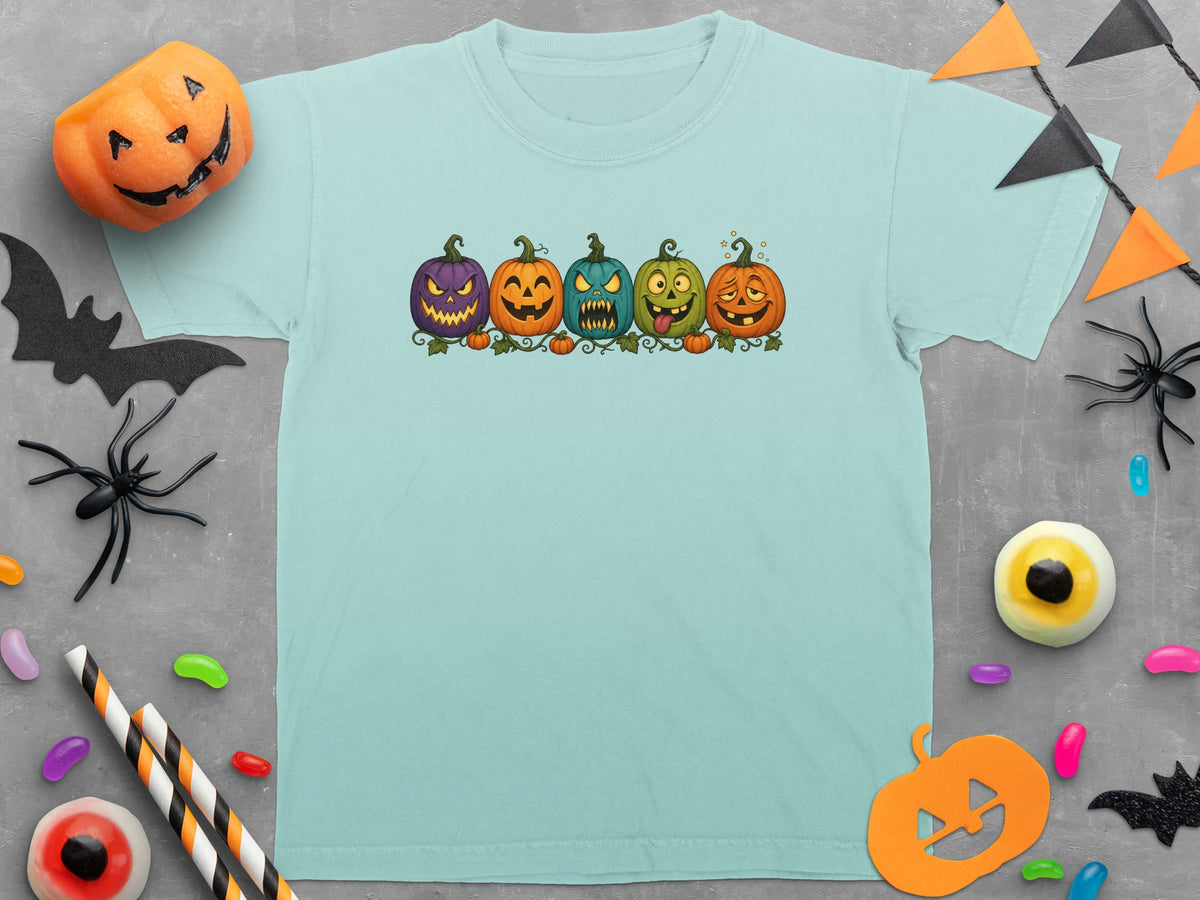 Light blue t-shirt with cartoon pumpkins and Halloween decorations.