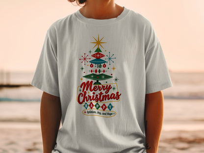 Light gray t-shirt with a retro Christmas tree graphic and "Merry Christmas" text.