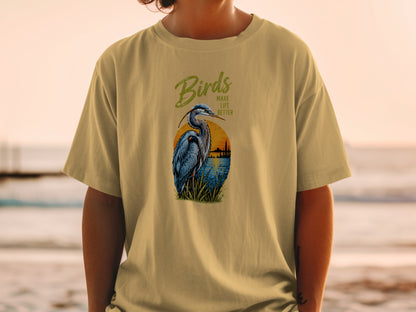 Great blue heron on t-shirt with text "Birds Make Life Better".