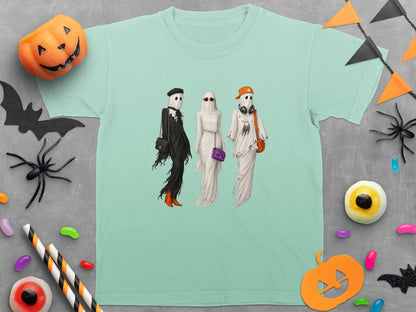 Three ghosts in stylish Halloween outfits stand on a teal t-shirt.