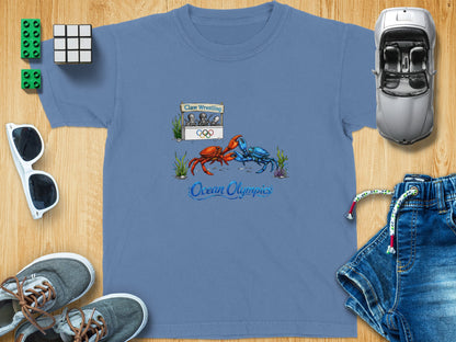 T-shirt graphic of two crabs wrestling at the Ocean Olympics with octopi spectators.