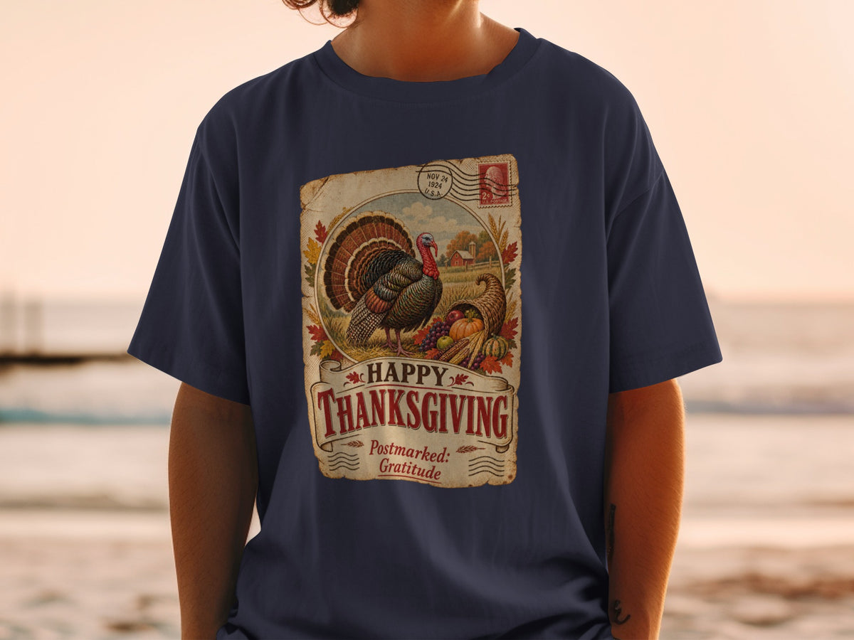 Happy Thanksgiving graphic with turkey, cornucopia, and farm scene.