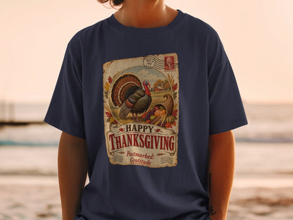 Happy Thanksgiving graphic with turkey, cornucopia, and farm scene.