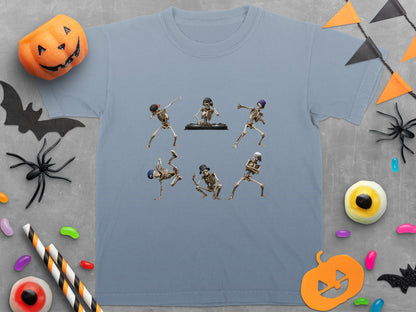 T-shirt featuring six dancing skeletons and a DJ skeleton on a turntable.