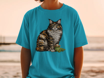 A person wears a bright blue t-shirt featuring a large illustration of a calico cat sitting beside a small alligator wearing a cowboy hat.