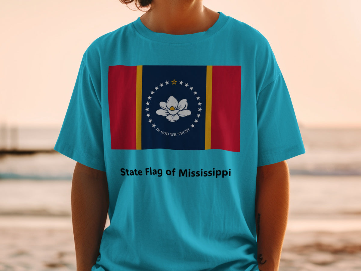 Turquoise t-shirt with the Mississippi state flag and "State Flag of Mississippi" text.