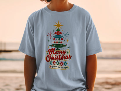 Light blue t-shirt with a retro Christmas tree graphic and "Merry Christmas Happy" text.