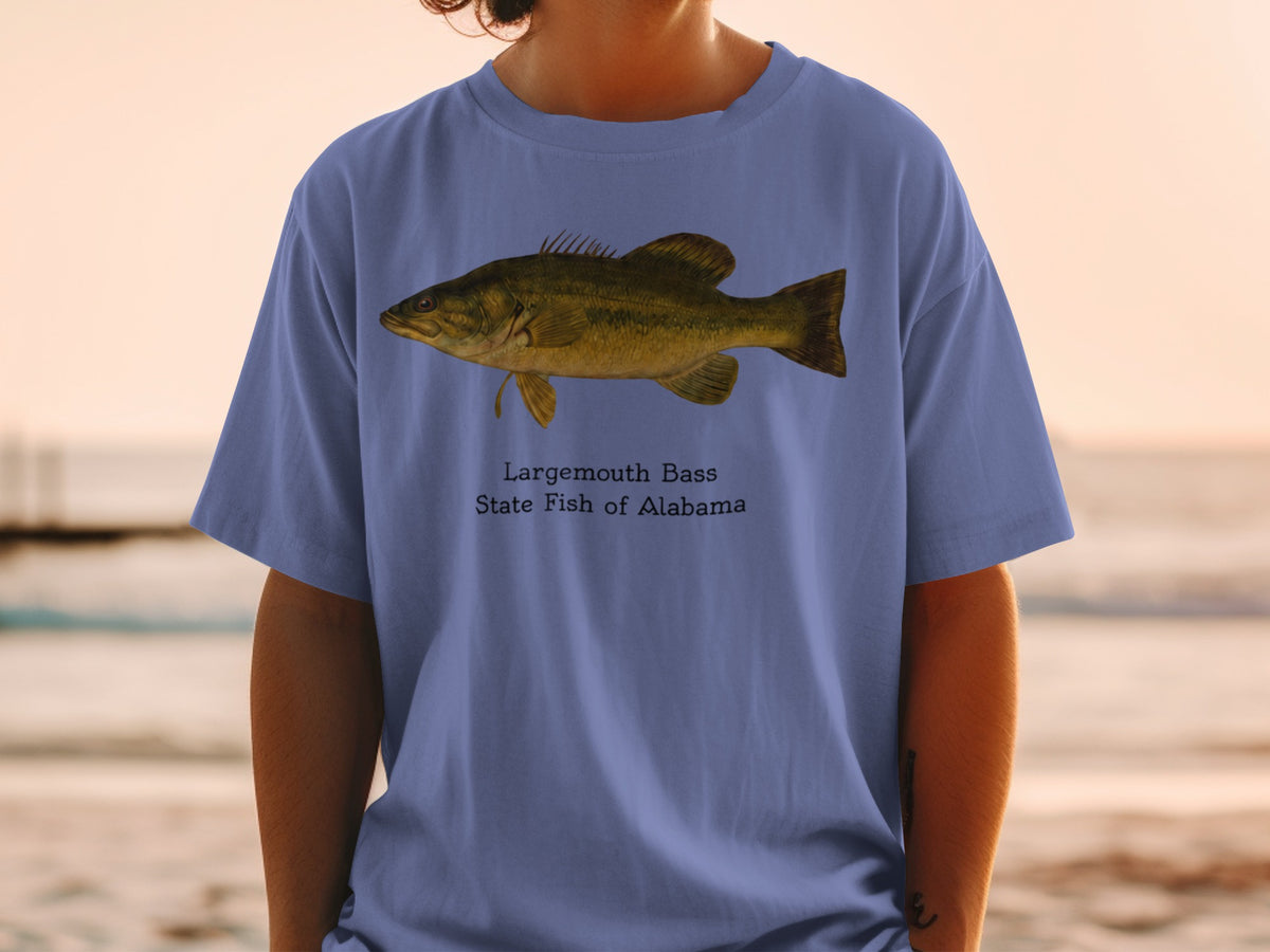 Largemouth Bass, State Fish of Alabama graphic on a blue t-shirt.