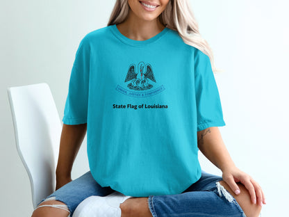 Teal t-shirt with the State Flag of Louisiana emblem and text.